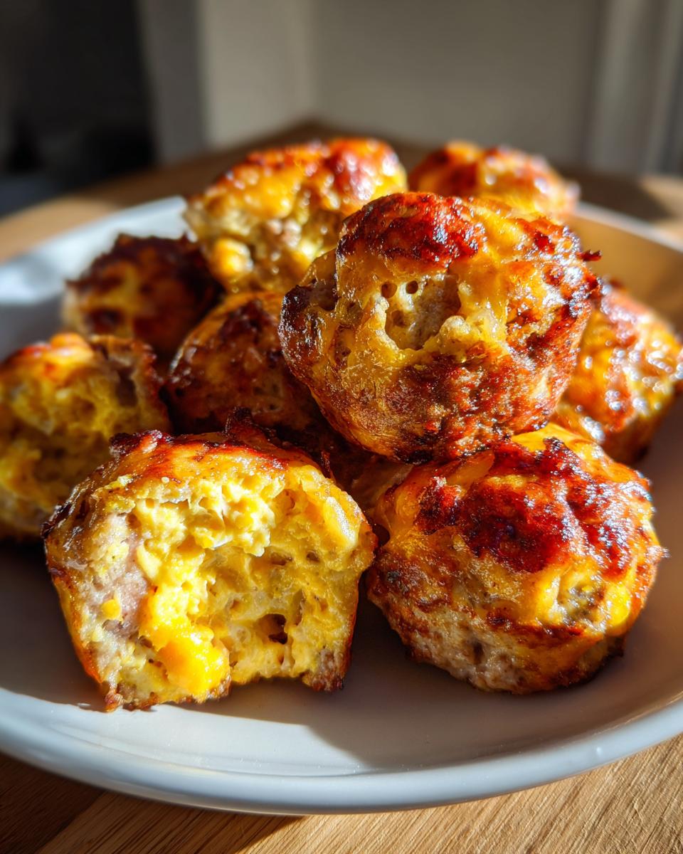 A pile of freshly baked Rotel Sausage Balls with Cheddar, showing a golden-brown, cheesy crust and a soft interior.