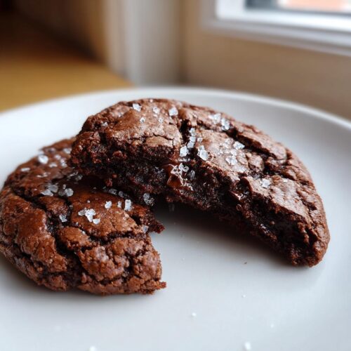 Two halves of a rich, dark Chocolate Fudge Cookie, showing a gooey center and topped with flaky sea salt.