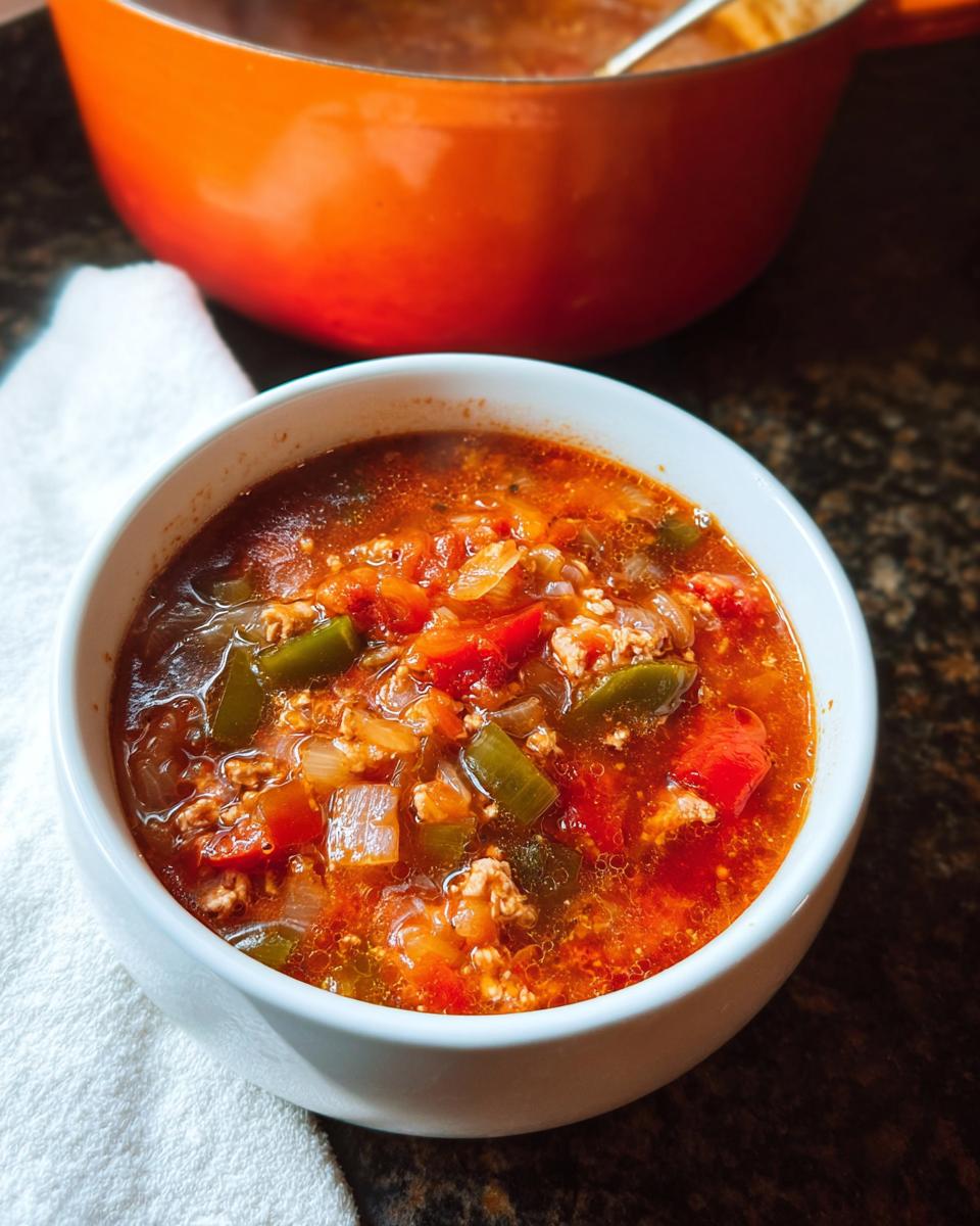 A steaming bowl of rich, tomato-based 30-Minute Pepper Soup filled with ground meat, onions, and green peppers.