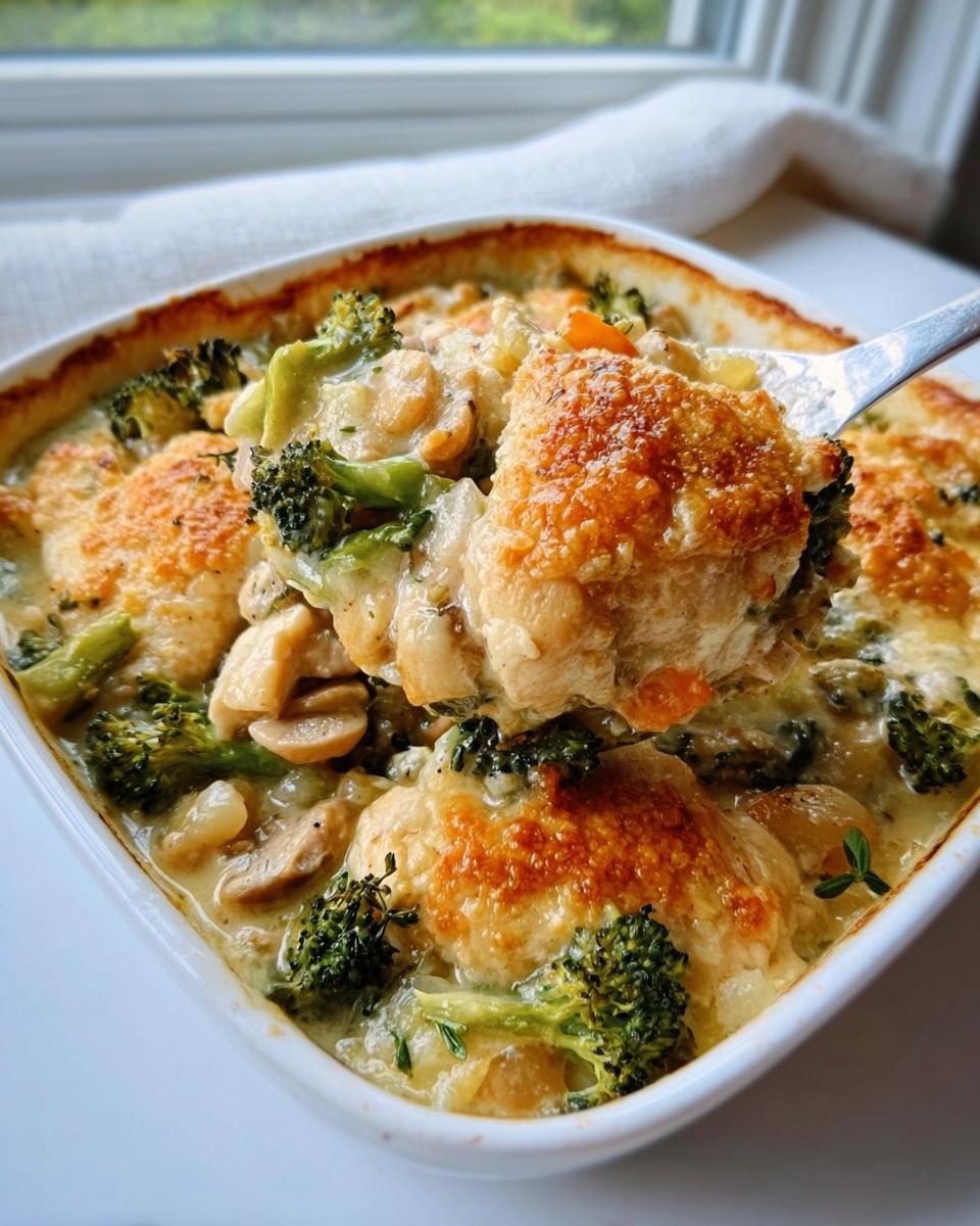 A spoonful of creamy Healthy Chicken Casserole featuring chicken pieces, broccoli florets, and a golden-brown cheesy topping.