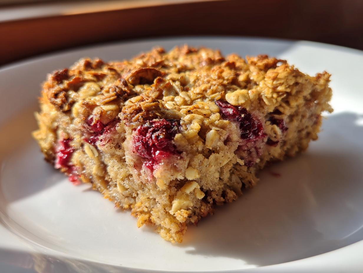 Close-up of a square slice of Simple Baked Oat Breakfast featuring visible oats and bright red baked berries on a white plate.