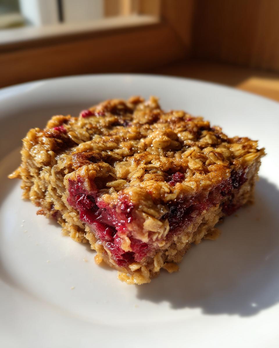 A square portion of Simple Baked Oat Breakfast with a bright red berry filling, served on a white plate.
