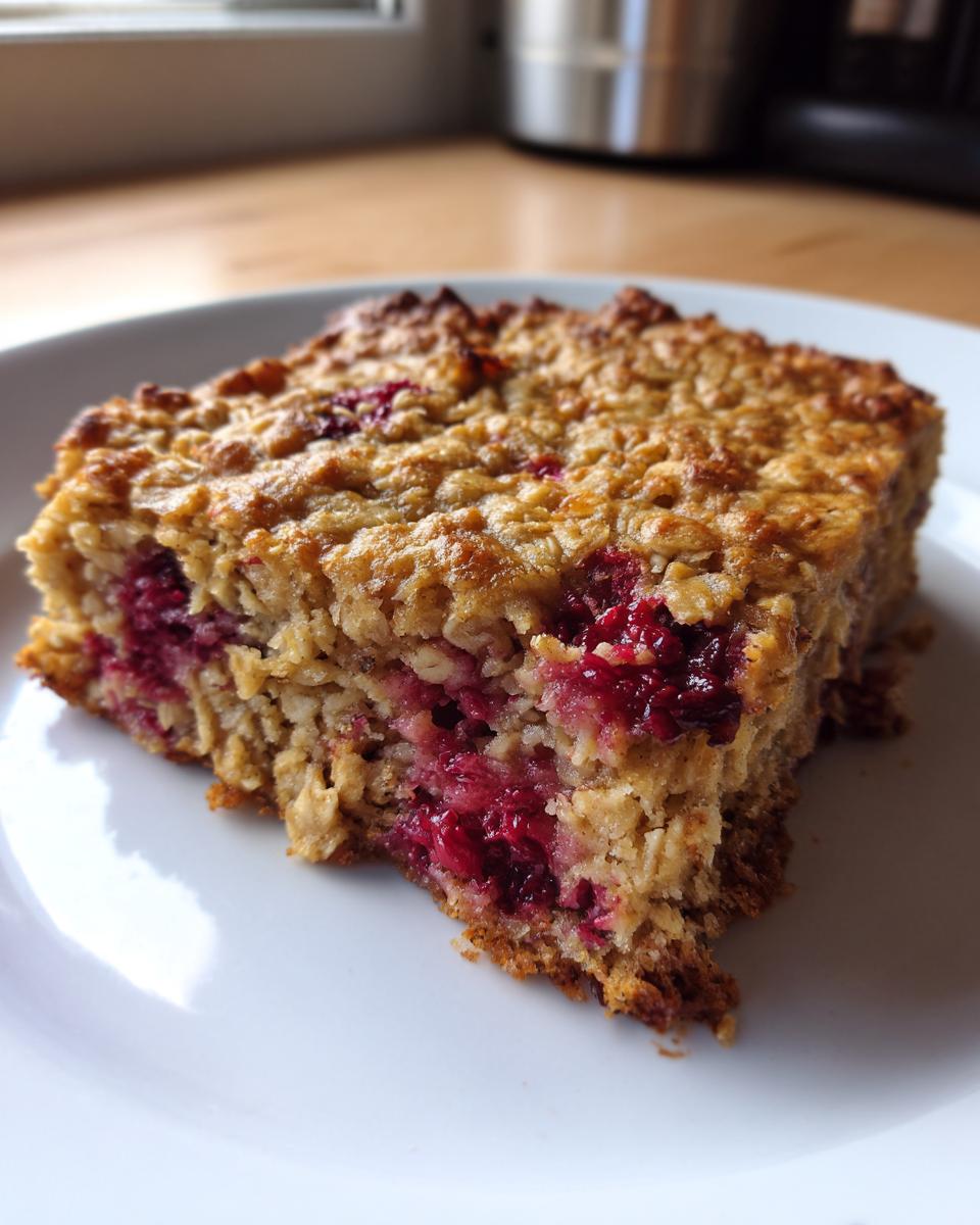Close-up of a square slice of Simple Baked Oat Breakfast with visible raspberries baked inside, served on a white plate.