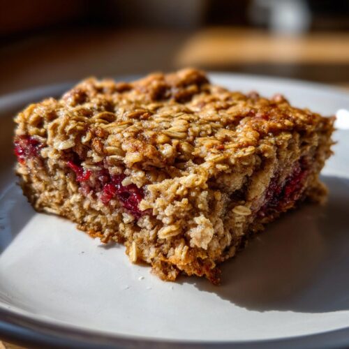 A close-up of a square slice of Simple Baked Oat Breakfast with a visible layer of red berries.