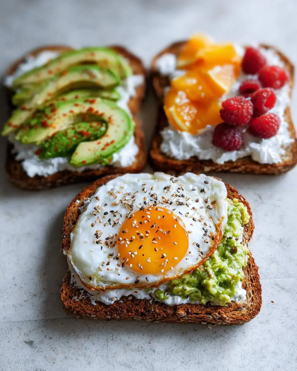 Three slices of Simple Savory Breakfast Toast topped with egg/avocado, avocado, and fruit/cheese.