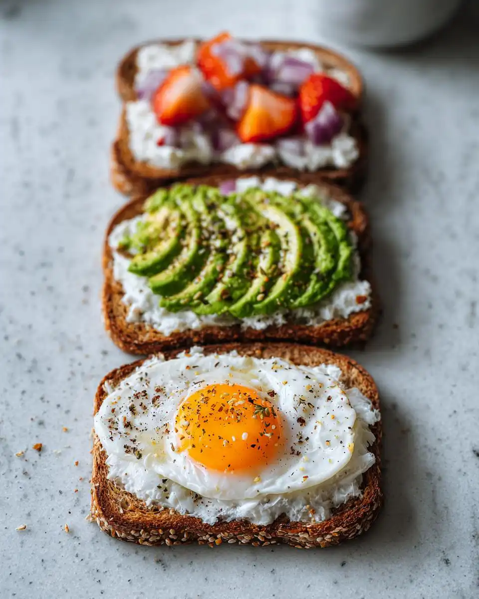 Three slices of Simple Savory Breakfast Toast lined up, featuring egg, avocado, and strawberry toppings.