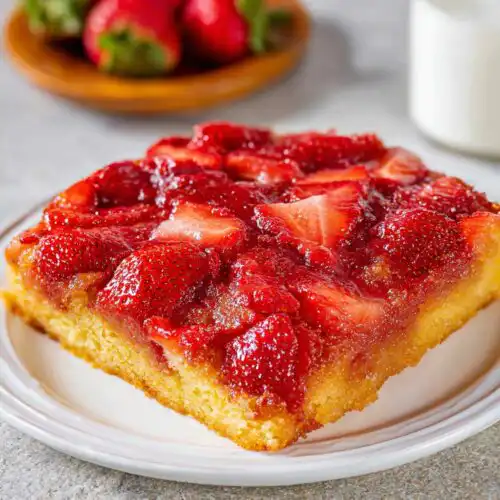 A square slice of Simple Strawberry Upside Down Dessert with caramelized strawberries on top.