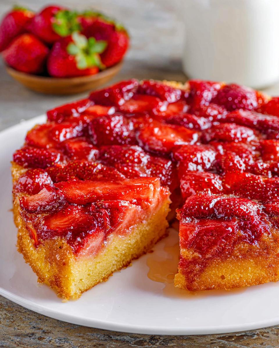 A slice cut from a Simple Strawberry Upside Down Dessert, showing a golden cake base topped with glossy, caramelized strawberries.