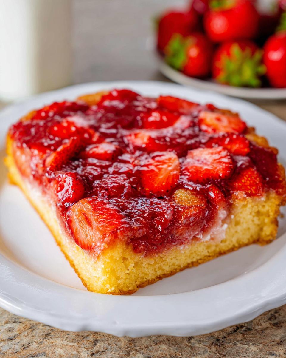 A square slice of Simple Strawberry Upside Down Dessert with a bright red, glossy strawberry topping on a white plate.