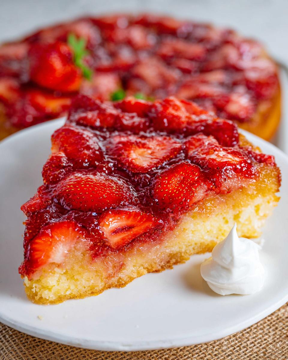 A close-up slice of Simple Strawberry Upside Down Dessert with a dollop of whipped cream.