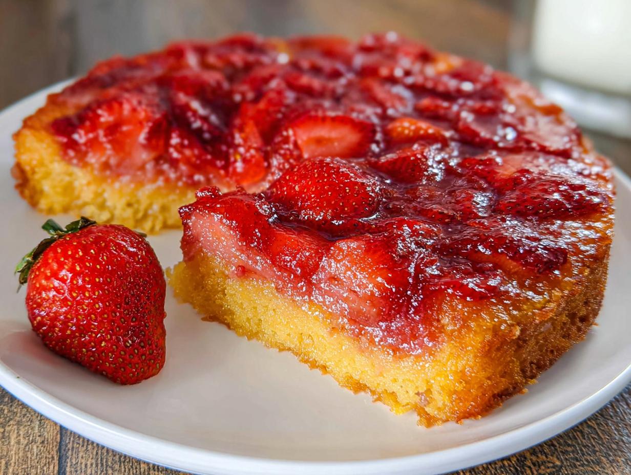 A slice of Simple Strawberry Upside Down Dessert with a whole fresh strawberry beside it on a white plate.