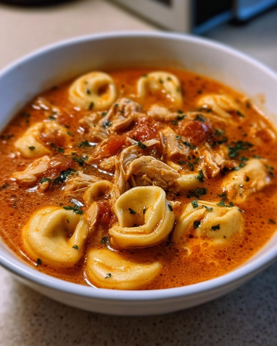 A close-up of a white bowl filled with rich, orange broth containing tortellini, shredded chicken, and herbs, representing Slow Cooker Chicken Tortellini.