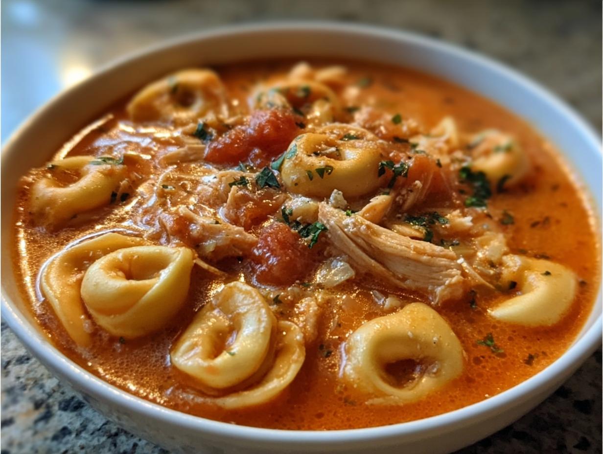 Close-up of a bowl of creamy, tomato-based Slow Cooker Chicken Tortellini soup garnished with parsley.