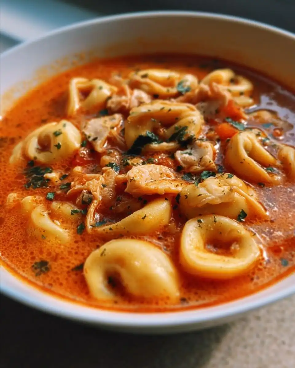 Close-up of a white bowl filled with creamy, orange-red Slow Cooker Chicken Tortellini soup, garnished with parsley.
