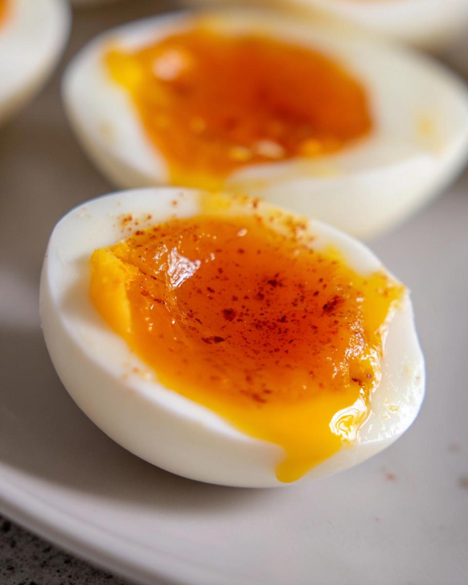 Close-up of a halved Soft Boiled Eggs with Jammy Centers, showing the runny, bright orange yolk seasoned with paprika.