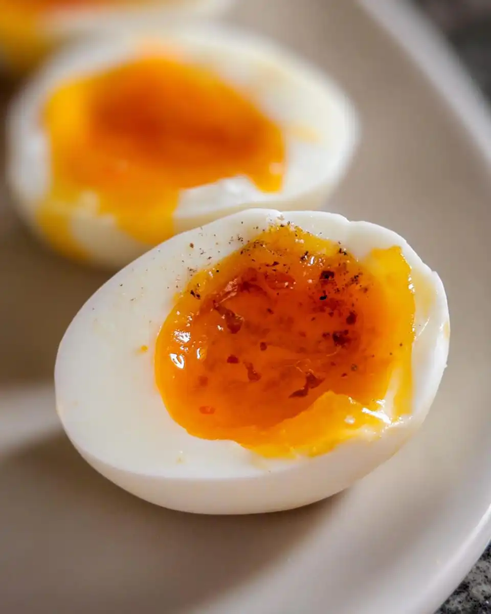 Close-up of a halved Soft Boiled Eggs with Jammy Centers, seasoned with pepper.