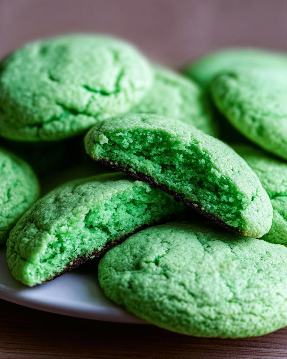 A stack of vibrant green Soft Green Velvet Cookies, with one cookie broken in half showing its soft, cake-like interior.