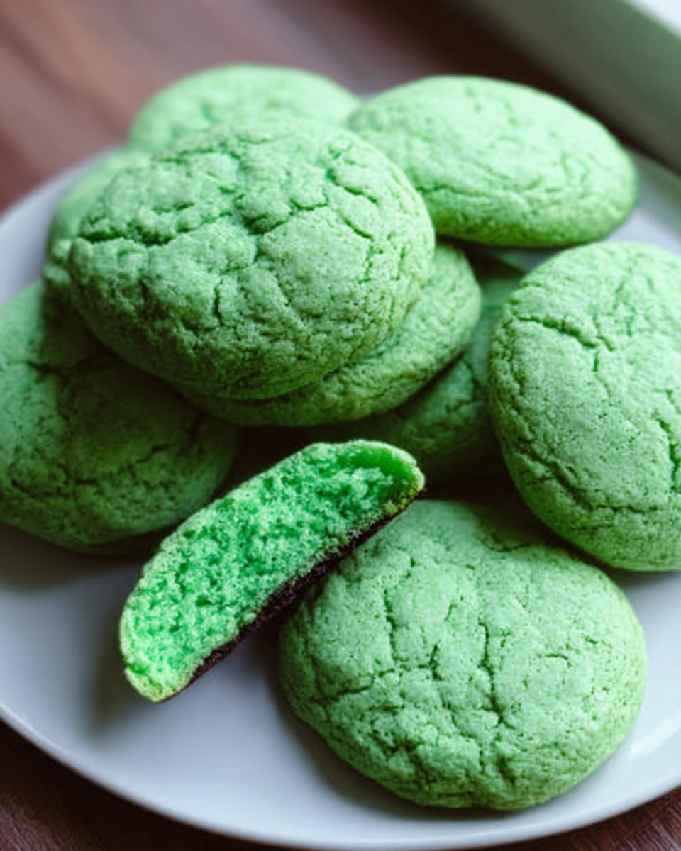 A close-up of several vibrant green Soft Green Velvet Cookies, one cut in half showing the soft interior.