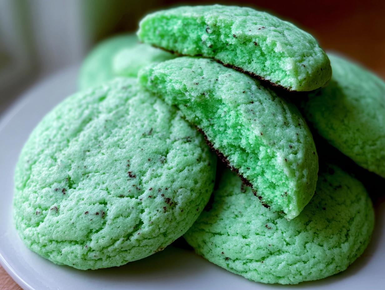 A stack of bright green, soft green velvet cookies, one broken in half showing the moist interior.