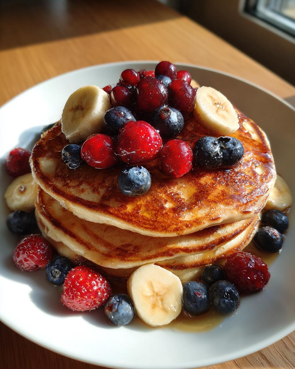 A stack of golden pancakes topped with fresh blueberries, raspberries, cranberries, and banana slices for a Special Breakfast Made from Pancakes.