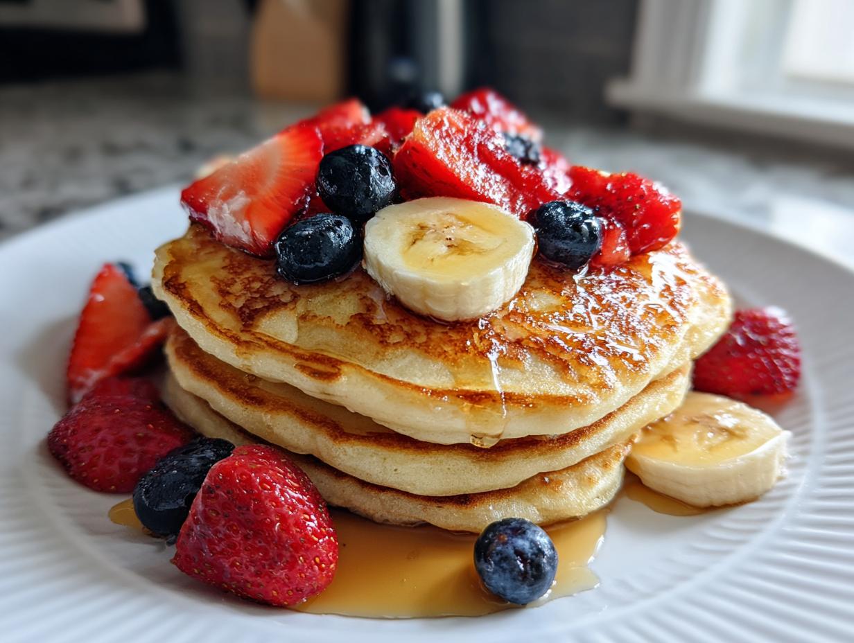 A stack of fluffy pancakes topped with strawberries, blueberries, banana slices, and syrup, perfect for a Special Breakfast Made from Pancakes.