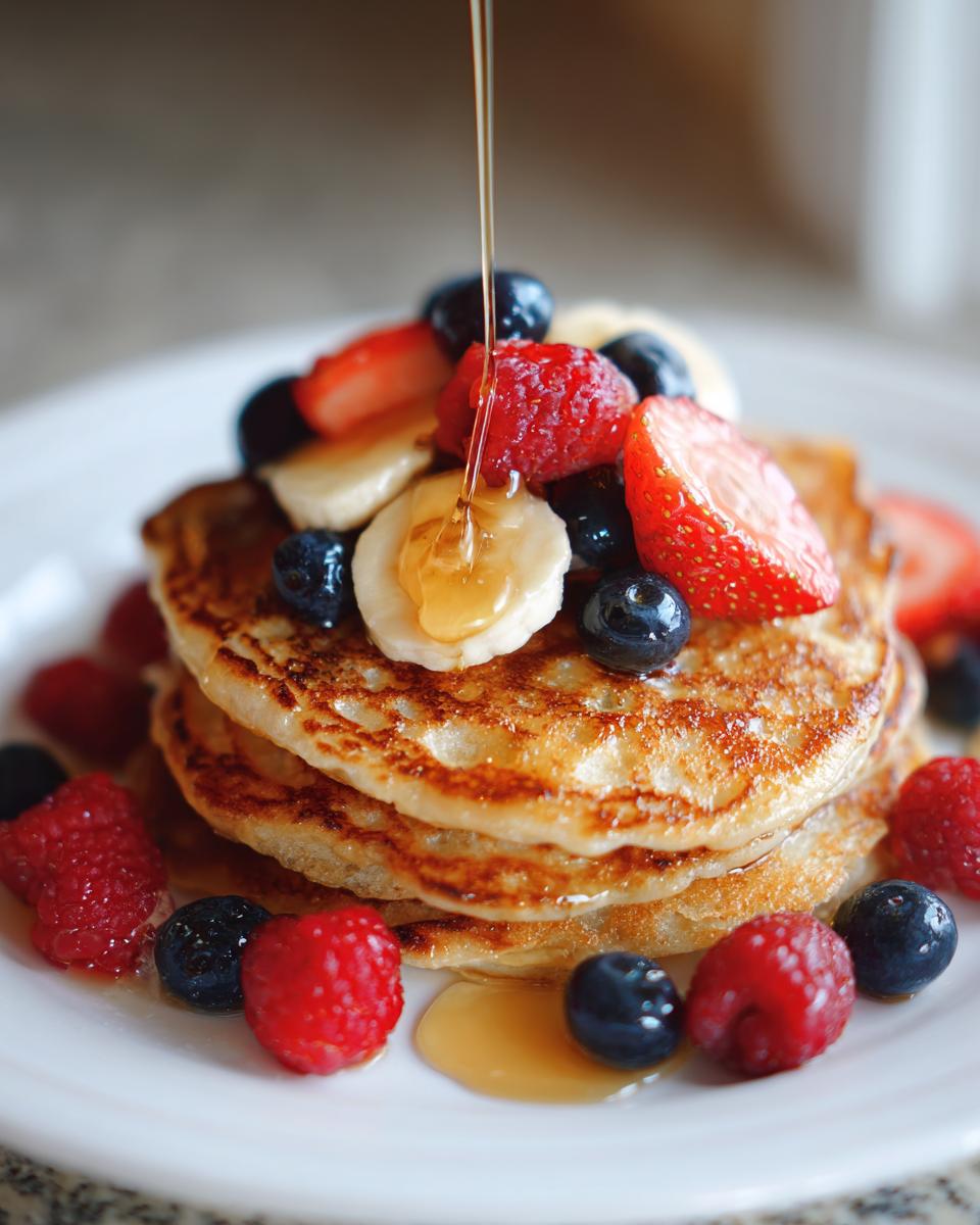 A stack of golden pancakes topped with fresh berries and banana slices, with syrup drizzling down, perfect for a Special Breakfast Made from Pancakes.