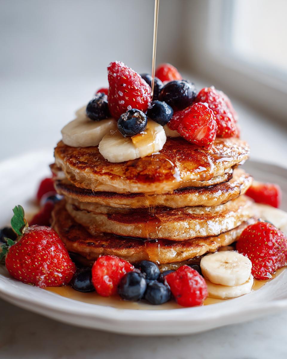 A tall stack of pancakes topped with strawberries, blueberries, banana slices, and syrup being drizzled, perfect for a Special Breakfast Made from Pancakes.