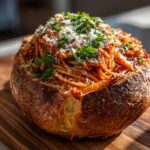 A hearty Spicy Arrabbiata Spaghetti Bread Bowl topped with grated cheese and fresh parsley.