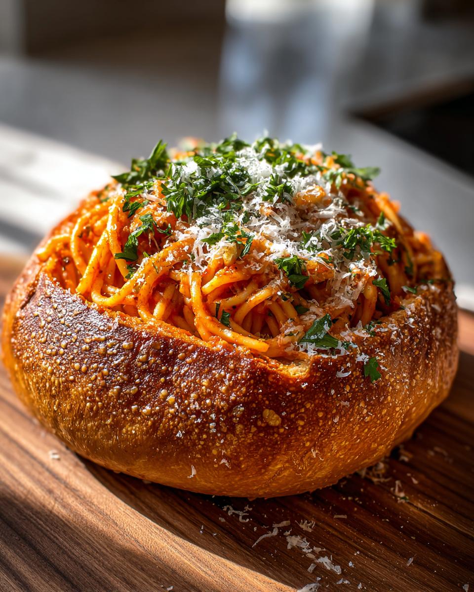 Spicy Arrabbiata Spaghetti served inside a hollowed-out bread bowl, topped with cheese and parsley.