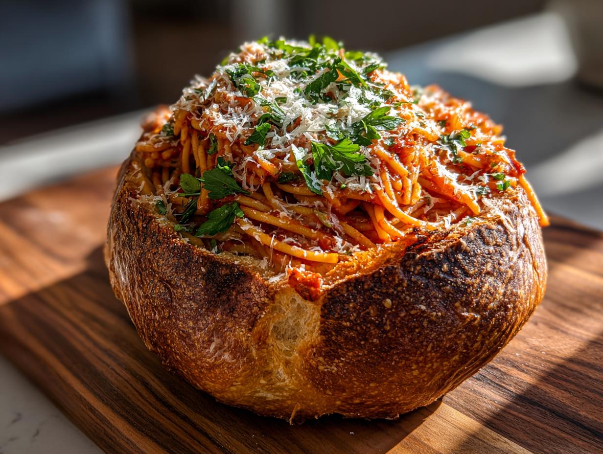 A hearty Spicy Arrabbiata Spaghetti Bread Bowl topped with grated cheese and fresh parsley.
