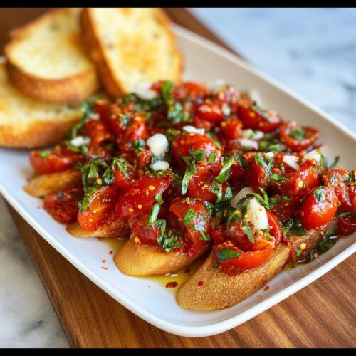 Close-up of Spicy Bruschetta Dip with Chili Flakes served over toasted bread slices (crostini) on a white platter.