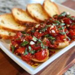 Close-up of Spicy Bruschetta Dip with Chili Flakes served on toasted bread slices (crostini) on a white platter.