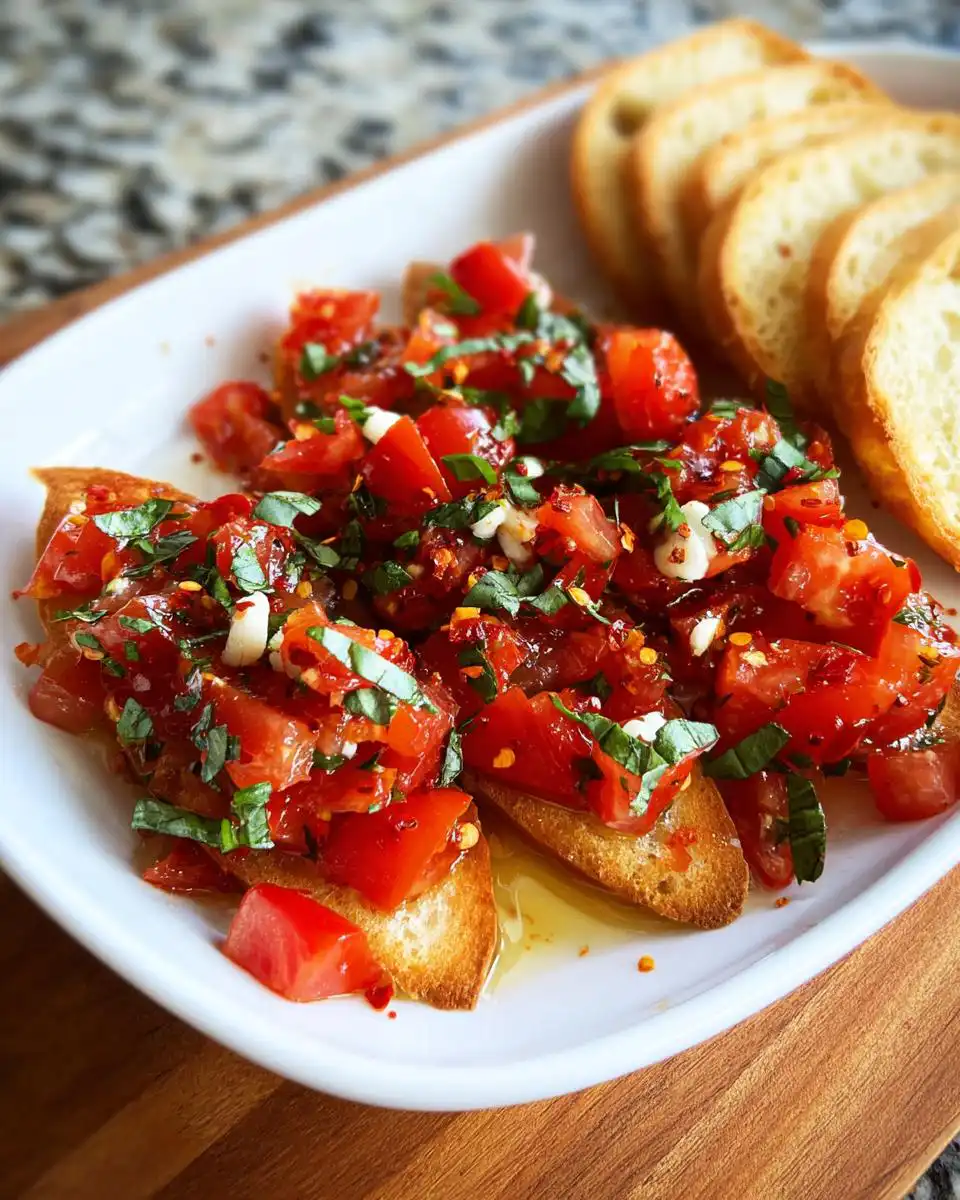 Close-up of Spicy Bruschetta Dip with Chili Flakes served over toasted bread slices on a white platter.