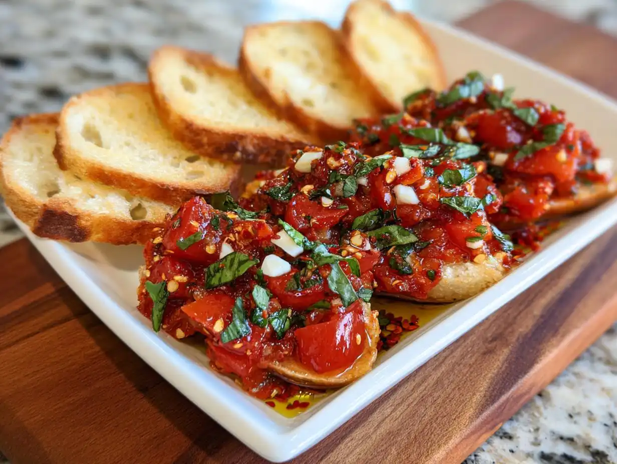 Close-up of Spicy Bruschetta Dip with Chili Flakes served on toasted bread slices (crostini) on a white platter.