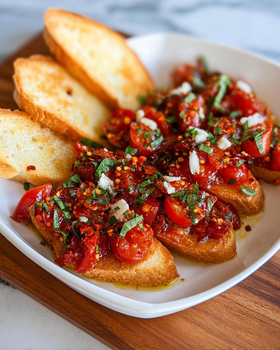 Close-up of Spicy Bruschetta Dip with Chili Flakes served on toasted bread slices with fresh basil.