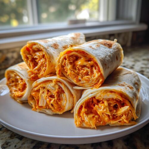 A stack of five spicy Buffalo Chicken Pinwheels filled with shredded chicken and orange sauce on a white plate.