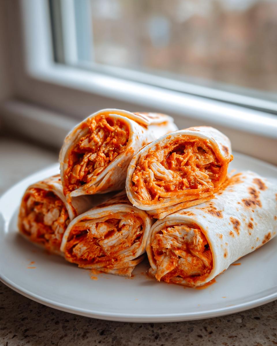 A stack of cut Buffalo Chicken Pinwheels showing the shredded, orange-sauced chicken filling inside white tortillas.