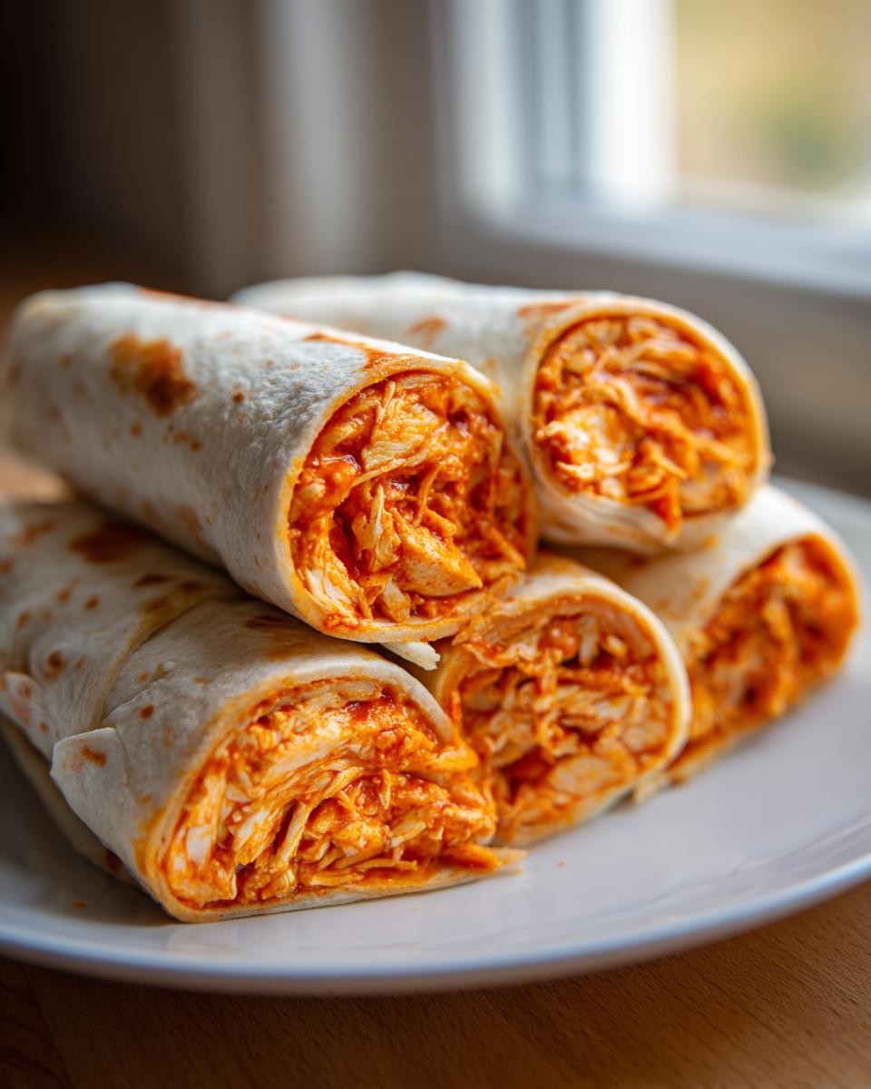 A stack of spicy Buffalo Chicken Pinwheels showing the shredded orange chicken filling inside a tortilla.