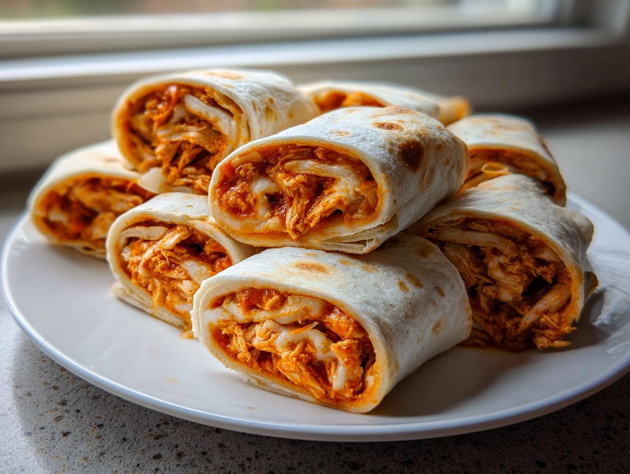 A stack of sliced Buffalo Chicken Pinwheels filled with shredded chicken and orange sauce, served on a white plate.
