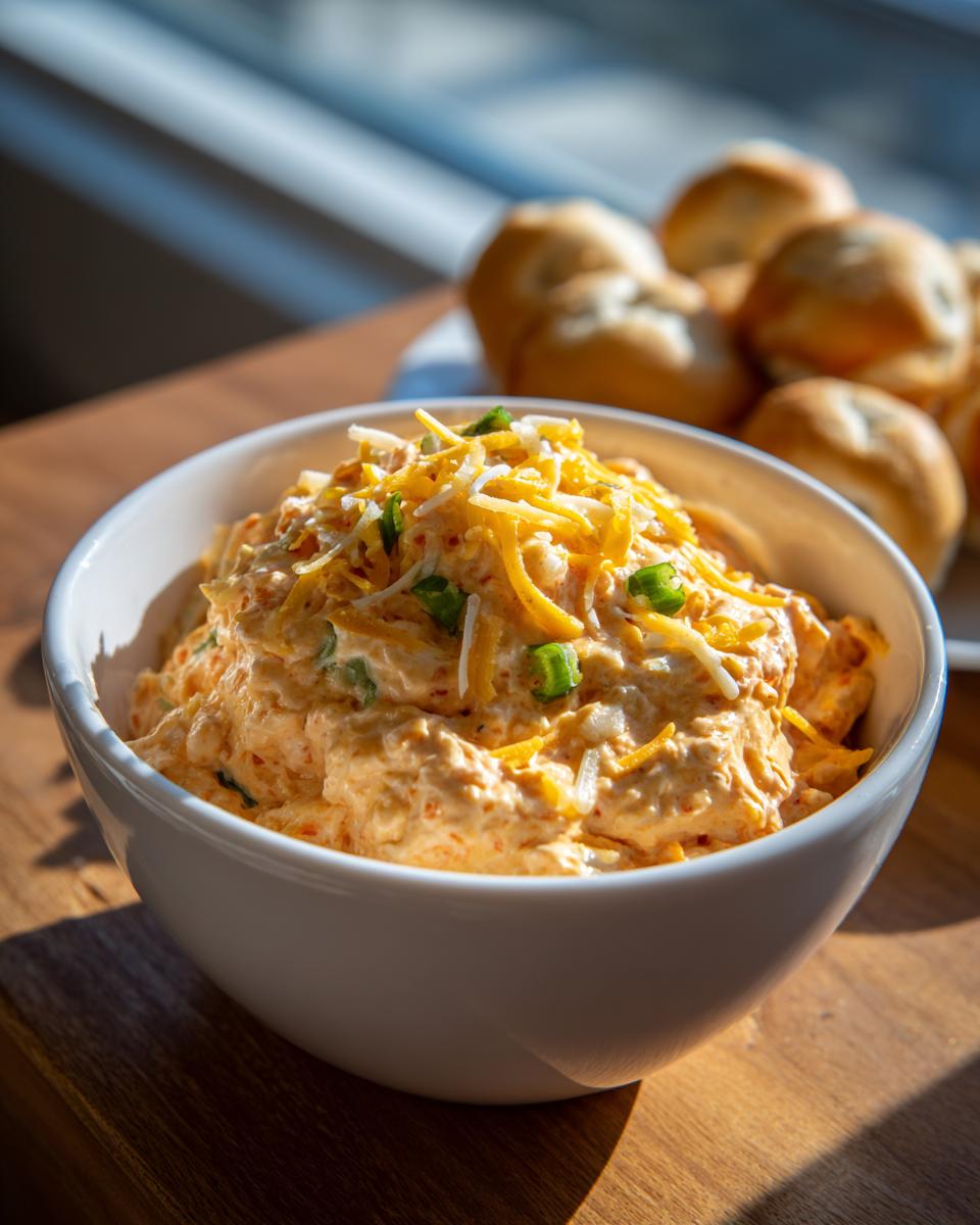 A white bowl filled with creamy Spicy Jalapeño Pretzel Dip, topped with shredded cheddar and green onions, with pretzels blurred in the background.