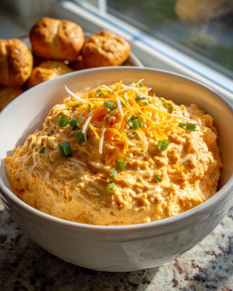A close-up of the Spicy Jalapeño Pretzel Dip, topped with shredded cheese and green onions, served with pretzels.