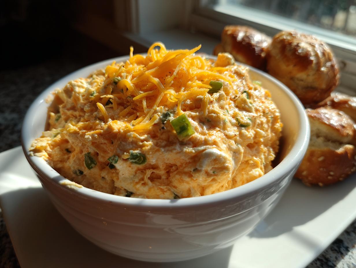 A white bowl filled with creamy, orange Spicy Jalapeño Pretzel Dip, topped with shredded cheddar and green onion pieces, next to pretzel bites.