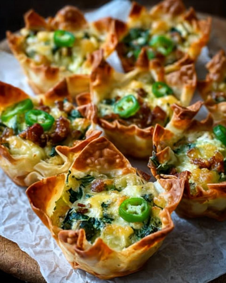 Several baked Spicy Jalapeño Spinach Wonton Cups filled with spinach, cheese, and topped with a jalapeño slice.