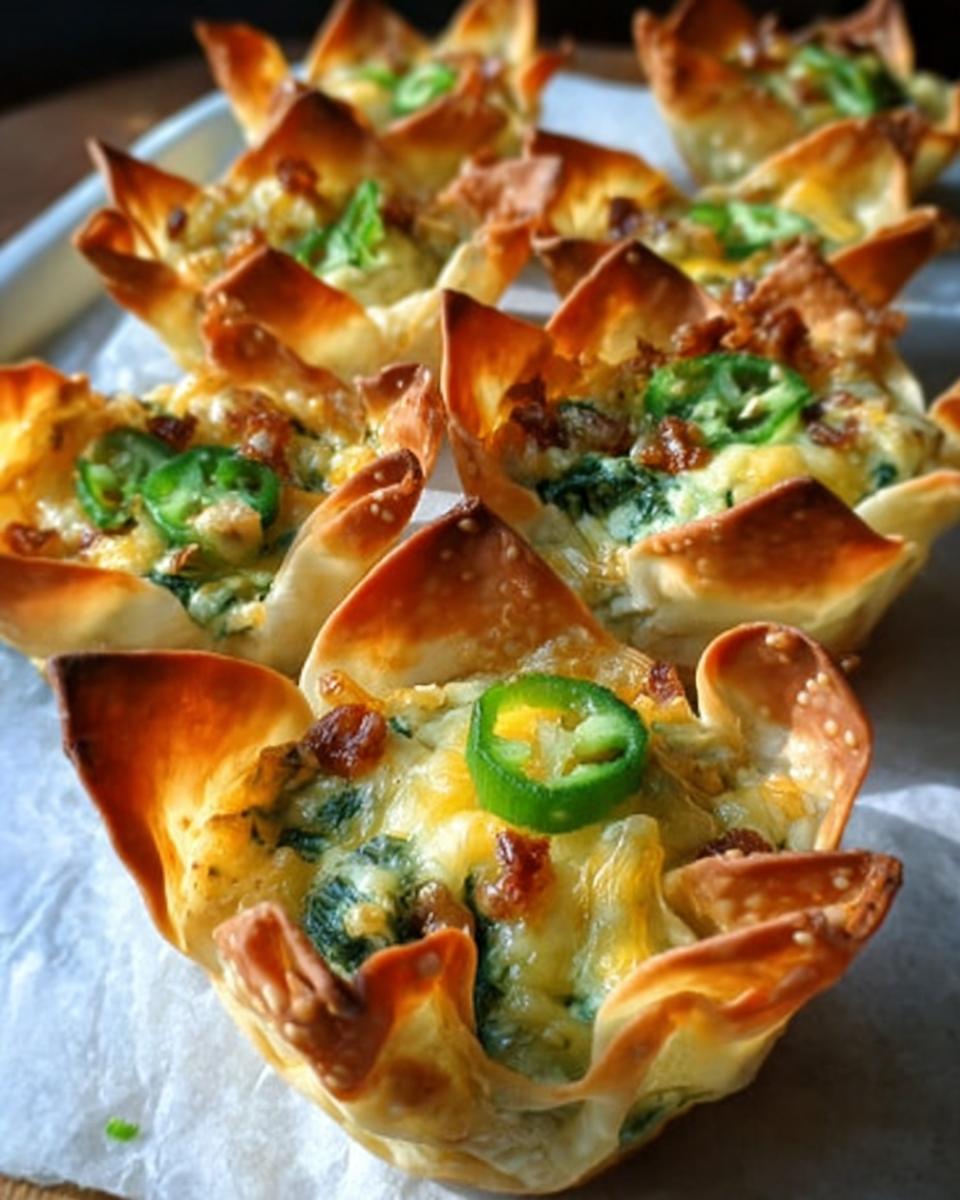 Close-up of baked Spicy Jalapeño Spinach Wonton Cups topped with melted cheese and a jalapeño slice.