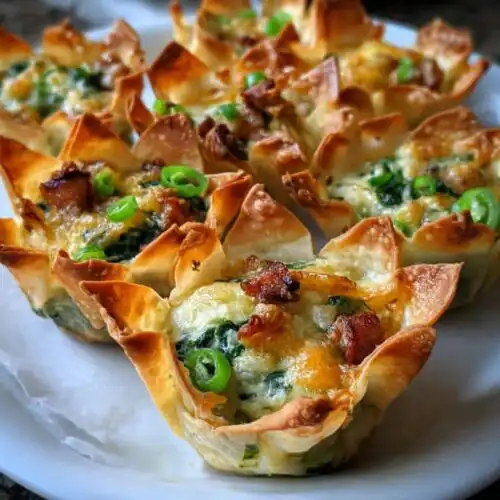Close-up of baked Spicy Jalapeño Spinach Wonton Cups topped with bacon bits and sliced green jalapeños.