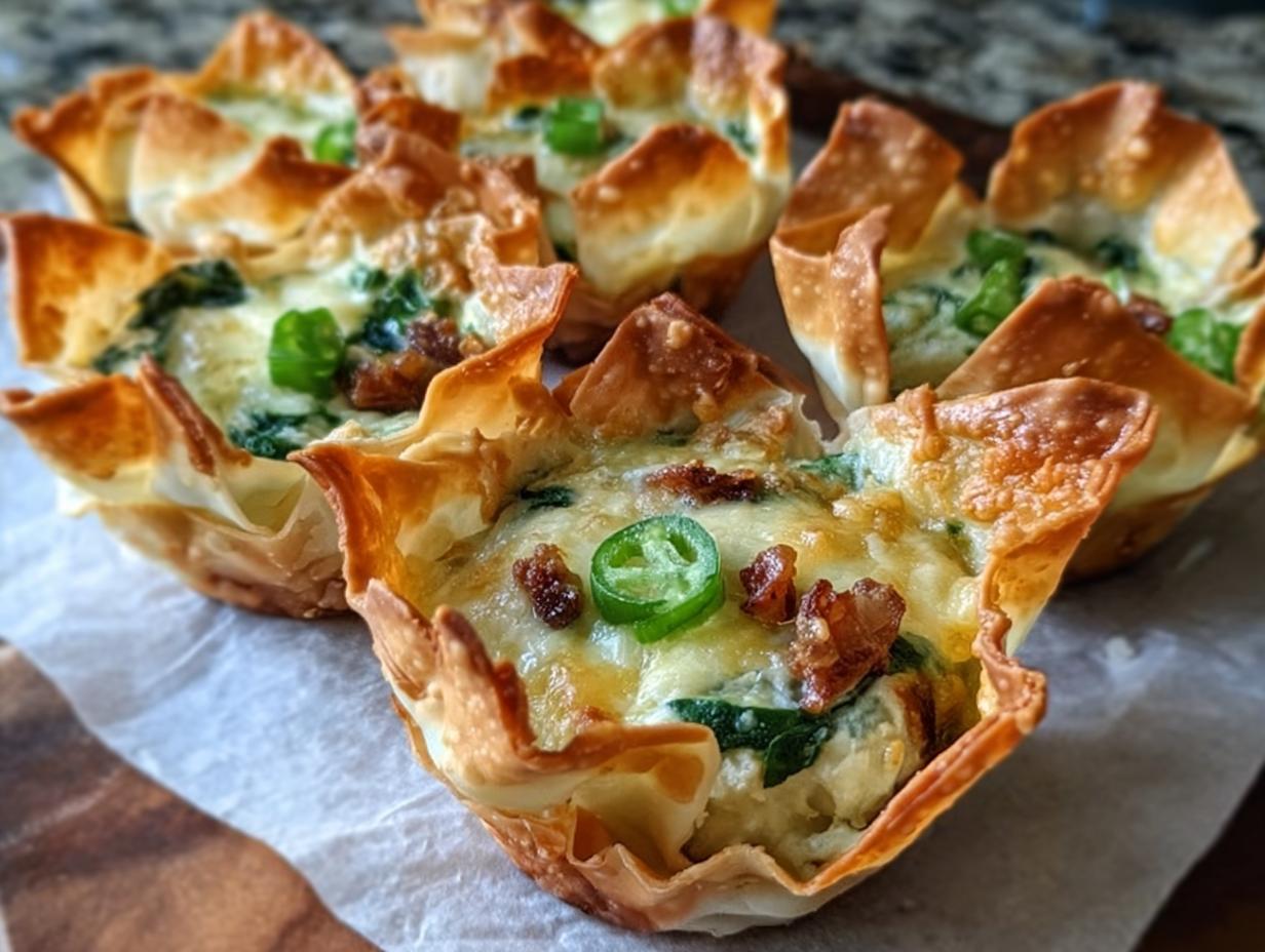Close-up of baked Spicy Jalapeño Spinach Wonton Cups topped with cheese, bacon bits, and a jalapeño slice.