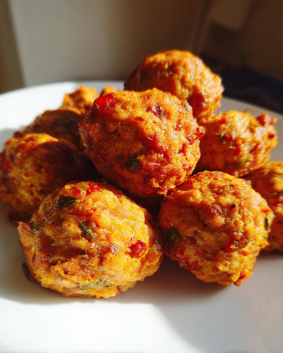 A close-up of several golden-brown Spicy Rotel Sausage Balls piled on a white plate, showing flecks of red pepper.
