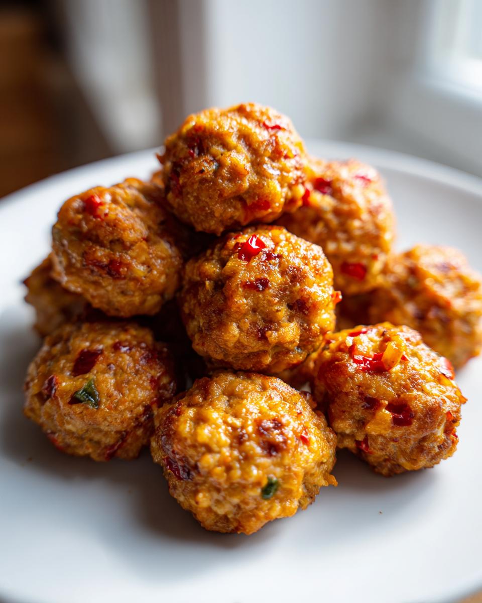 Close-up of a stack of golden brown Spicy Rotel Sausage Balls speckled with red peppers on a white serving plate.