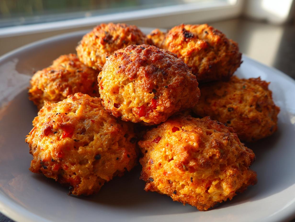 A pile of golden brown Spicy Rotel Sausage Balls with visible red pepper flecks, served on a light gray plate.