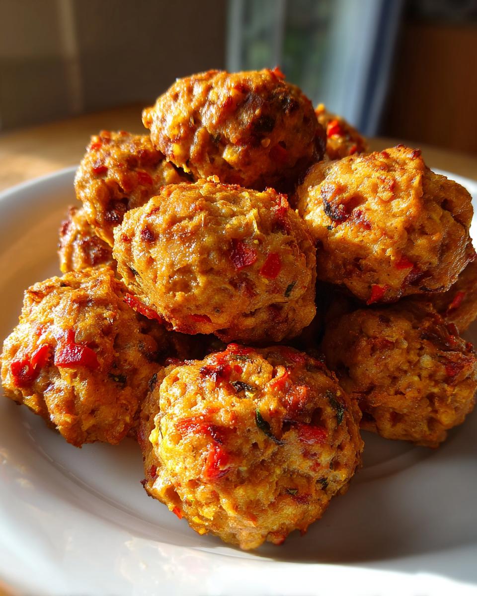 A close-up stack of golden brown Spicy Rotel Sausage Balls studded with visible red peppers on a white plate.